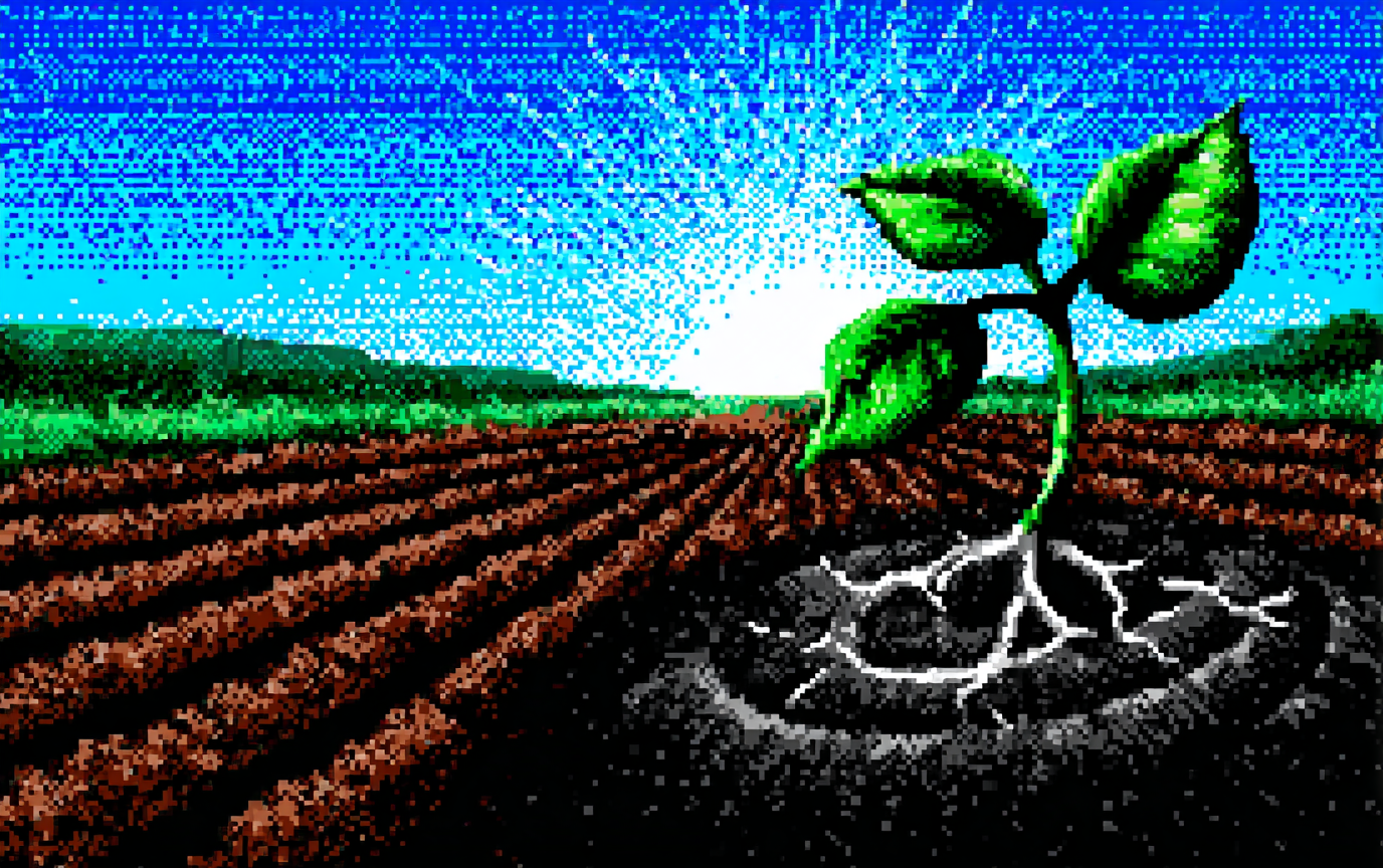 Pixelated divine light illuminating a cross or sacred symbol with rays extending to growing plants