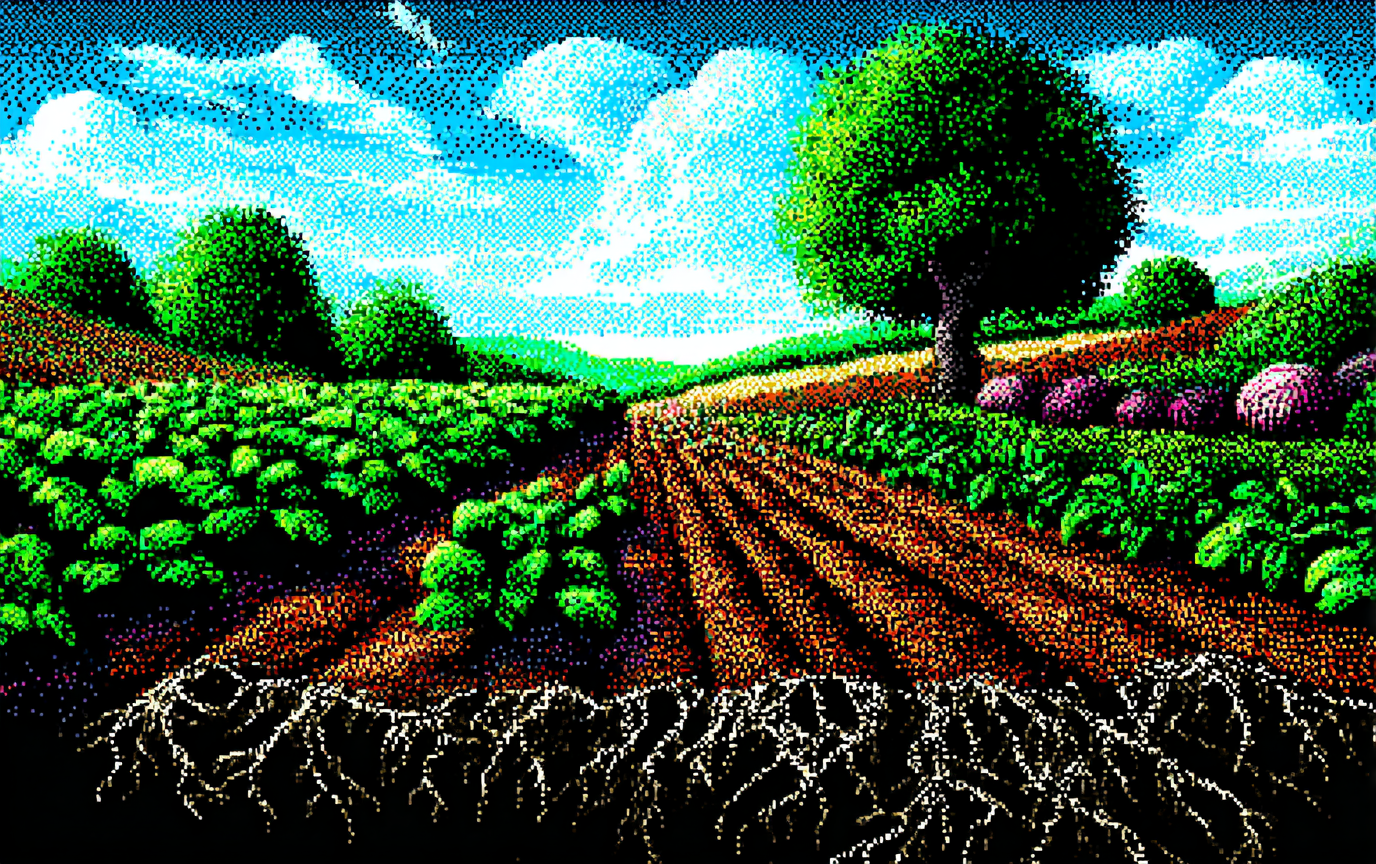 Pixelated scene of people working together in harmony with flourishing gardens and cooperative structures